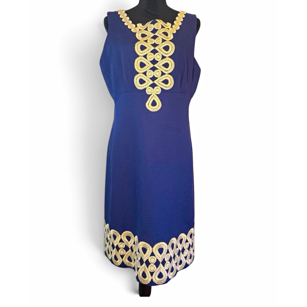 Lilly Pulitzer Adelson Shift Dress 14 Navy Blue Gold Embroidered Cotton Resort